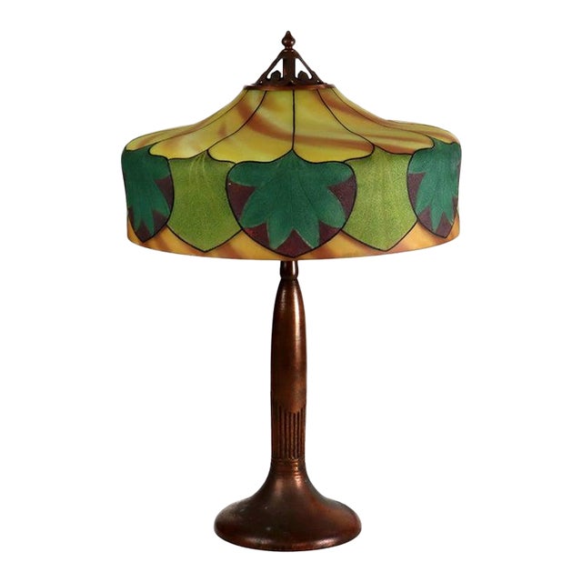Antique Arts & Crafts Handel Reverse Painted Stylized Foliage Table Lamp C1920 For Sale