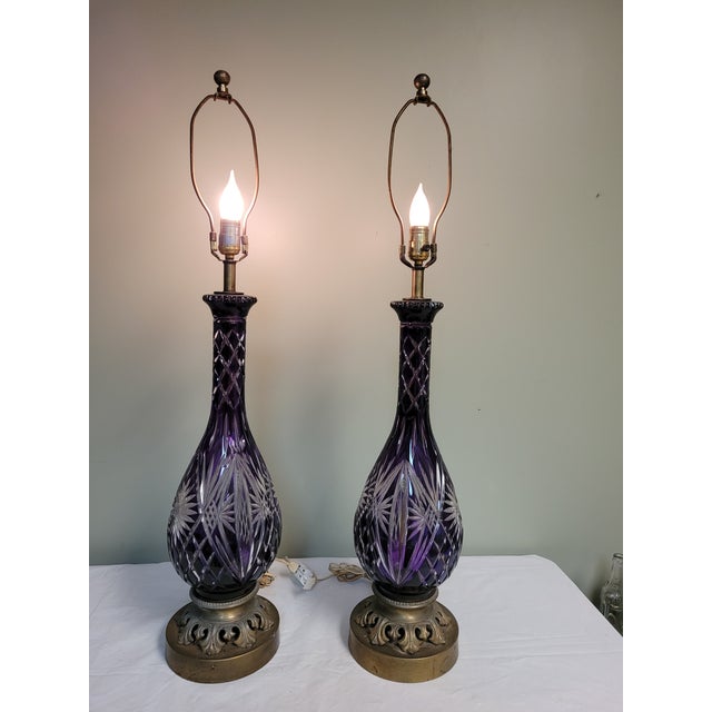 Amethyst A Pair of 1940s Cut Crystal Amethyst Table Lamps For Sale - Image 8 of 9