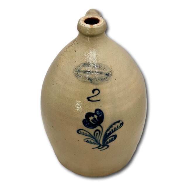 Outstanding Antique 2 Gallon Blue Flower Decorated Stoneware Jug by Burger in Rochester N. Y. Circa 1877 to 1880 For Sale - Image 10 of 18