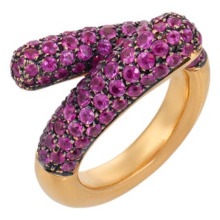 Vintage Italian 3.50 Carat Pink Sapphire 18k Yellow Gold Bypass Ring, Size 6.5 For Sale