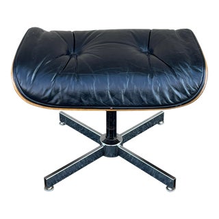 Mid Century Modern Charlton Furniture Bent Plywood, Black Leather, & Chrome Eames Style Ottoman For Sale