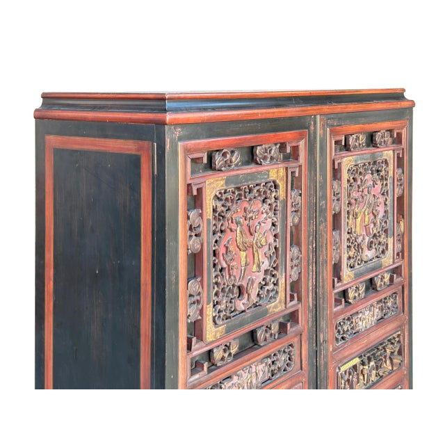 Vintage Oriental Black Red Gold Scenery Carving Storage Cabinet For Sale In San Francisco - Image 6 of 10