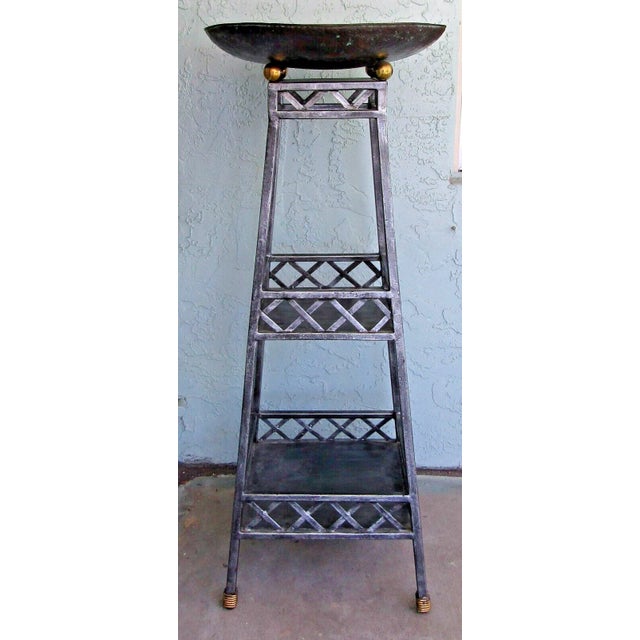 1990s Maitland-Smith Metal Two Shelf Copper Bowl Top Jardiniere Etagere Stand For Sale - Image 10 of 10
