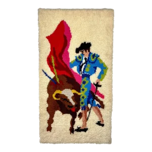 Mid-Century Spanish Matador Bull Fighter Shag Rug Wall Art - 3x4