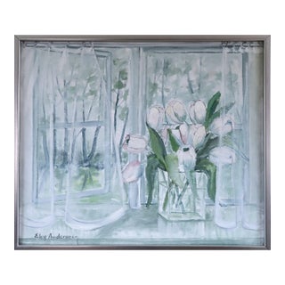 Mid-Century Modern 'Morning Light With Tulips' Vintage Original Swedish Interior Still Life Oil Painting, Framed For Sale