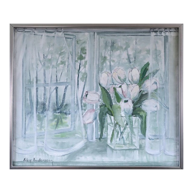 Mid-Century Modern 'Morning Light With Tulips' Vintage Original Swedish Interior Still Life Oil Painting, Framed For Sale