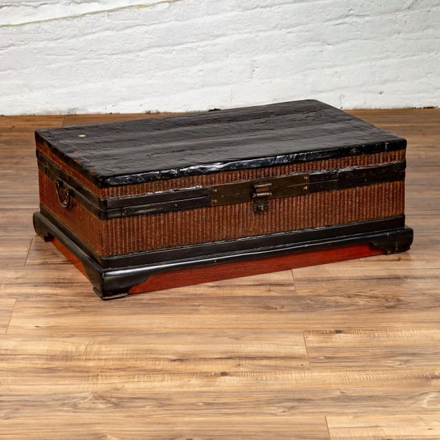 Brass Chinese 1900s Wooden Treasure Chest With Rattan Accents and Dark Brass Hardware For Sale - Image 8 of 13