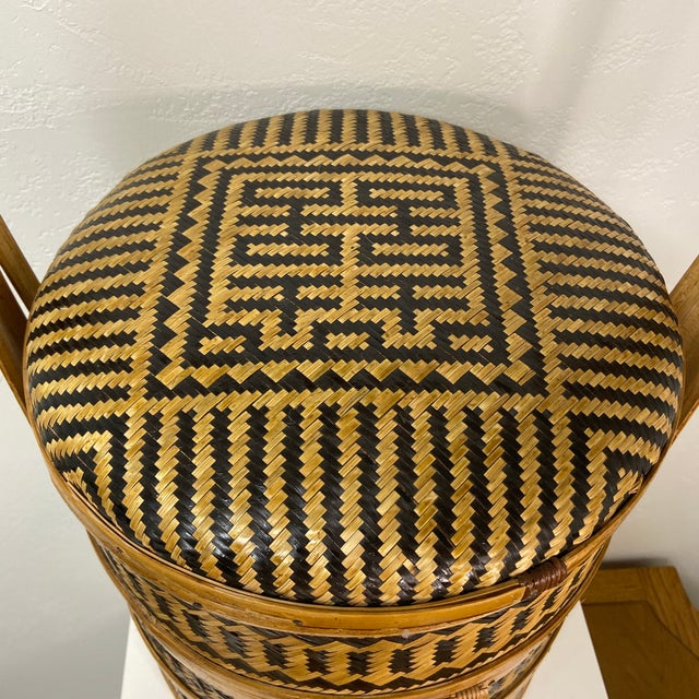 Vintage Woven Bamboo Tiffin Basket with Handle – 3-Tier Wedding Basket Striking vintage handwoven bamboo tiffin basket...