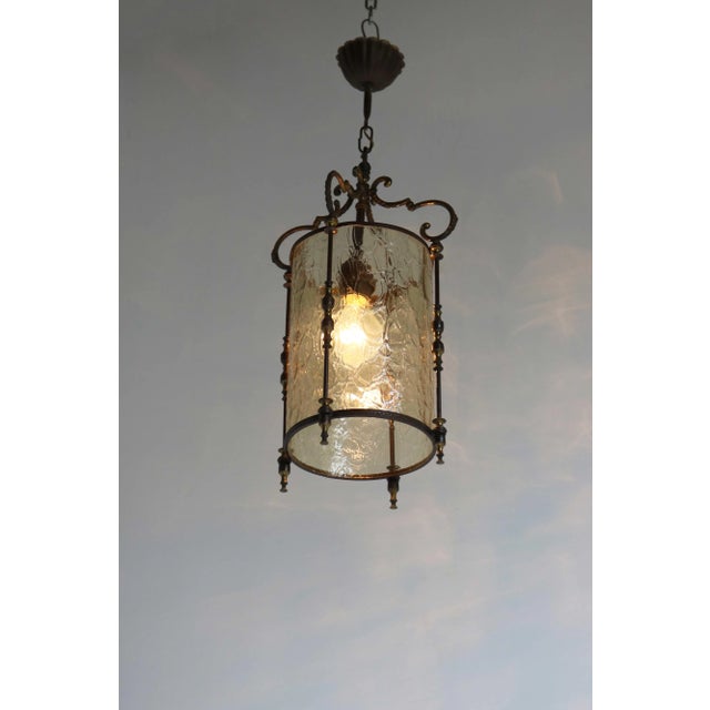 Mid-Century Modern Vintage Brass and Textured Glass Pendant Lantern, France, 1950s For Sale - Image 3 of 13