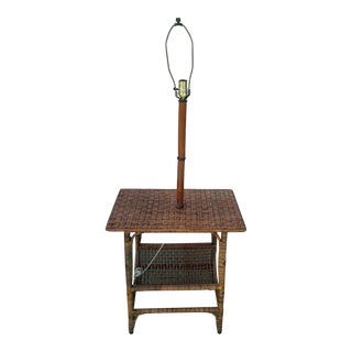 Vintage Coastal Cane Wrapped Floor Lamp With Table and Magazine Rack For Sale