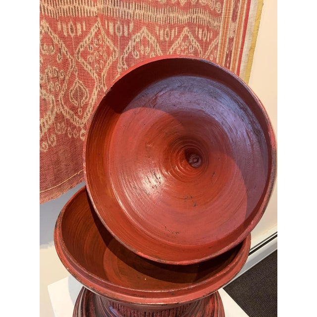 Burgundy Antique Lacquer Offering Elm Bowl Southeast Asia For Sale - Image 8 of 11
