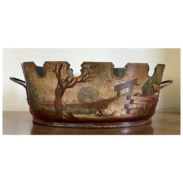 French Tole Monteith or Cachepot Planter Decorated With Hand Painted Nautical Landscape For Sale - Image 12 of 12