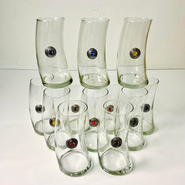 1980s Vintage Memphis Postmodern Bent Glass Sterling Medallion Tall Boy Tumblers - Set of 12 For Sale - Image 12 of 15