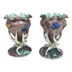 Majolica Palissy Vases With Butterflies Thomas Sergent, Circa 1880-A Pair