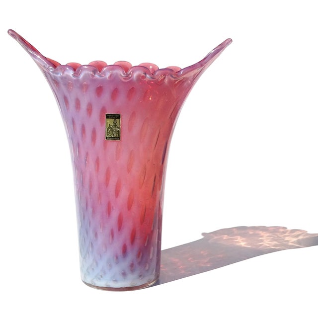 Beautiful vintage Murano hand blown opalescent pink and controlled bubbles Italian art glass flower vase. The piece is...