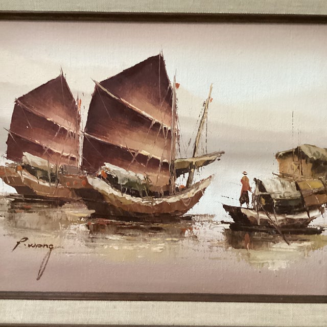 Chinese Vintage Painting of Mixed Media Chinese Junk Boats by Paul Wong Framed For Sale - Image 3 of 12