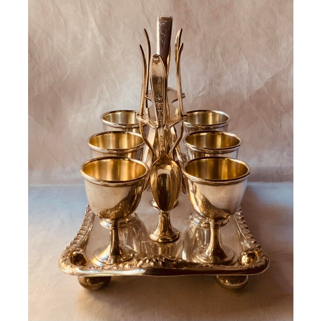 Antique Edwardian American Silverplate Egg Cup Set, Six Cups and Six Spoons on Footed Tray - 13 pcs For Sale - Image 4 of 18