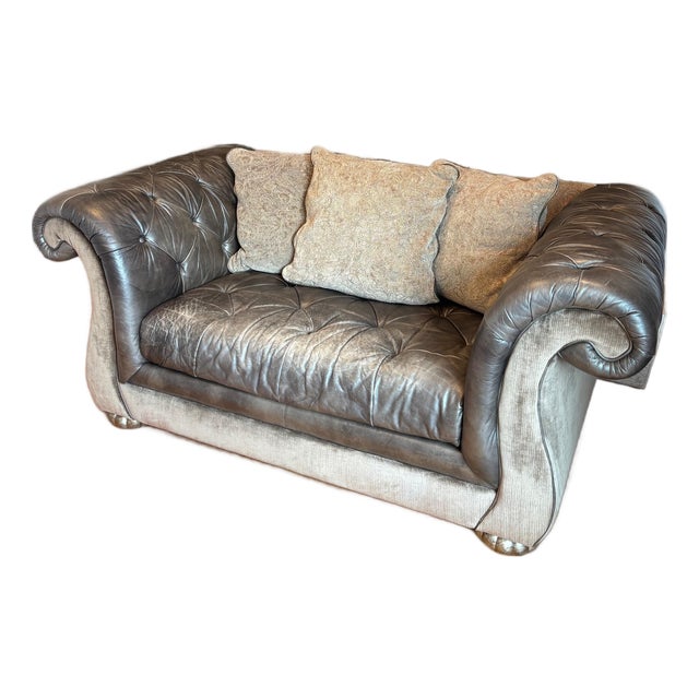 Thomasville Luxury Chesterfield Leather Loveseat + Sofa For Sale