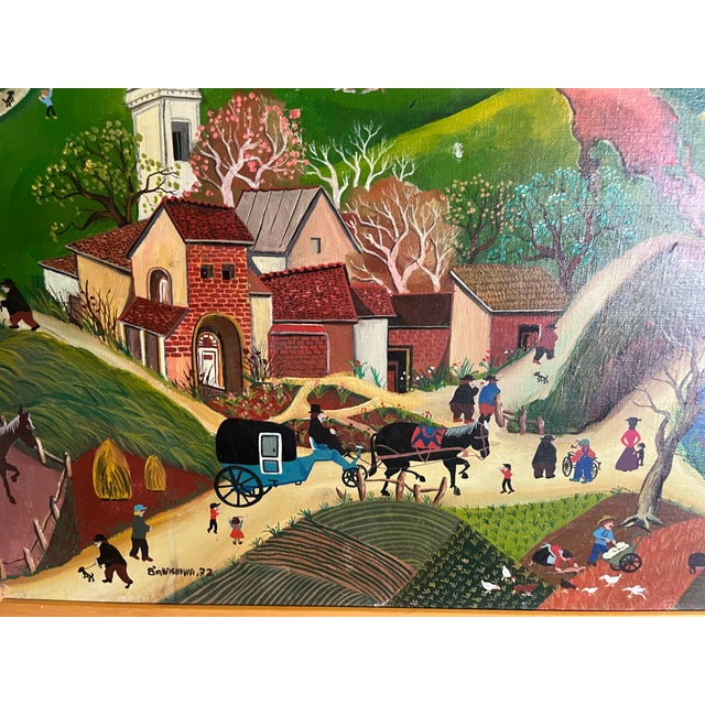 1970s Bin Kashiwa Original Oil Painting Folk Art Country Village Framed Canvas Signed For Sale - Image 11 of 12