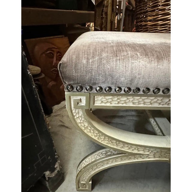 Mid-Century Modern Pair of Vintage Purple Velvet and Wooden Ottomans For Sale - Image 3 of 12