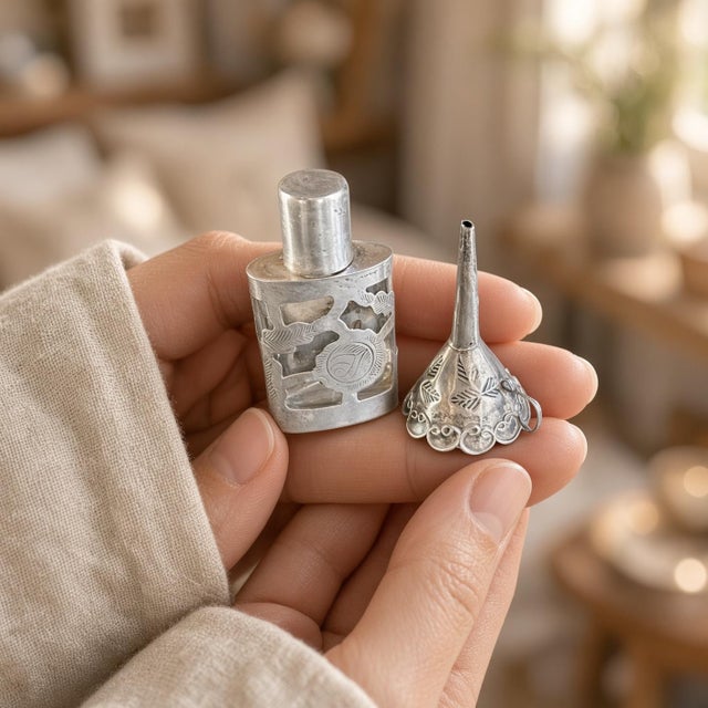 Mid-century Mexican vanity set: a miniature glass perfume bottle in a hand-cut sterling overlay sleeve with leaf motifs...
