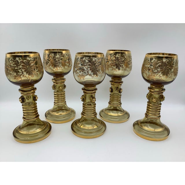 Antique Moser Bohemian Clear Gilded Blown Glass Wine Goblet, With Gold Floral Flowers and Leafs on Stem With Open End, Set of 5 For Sale - Image 9 of 12