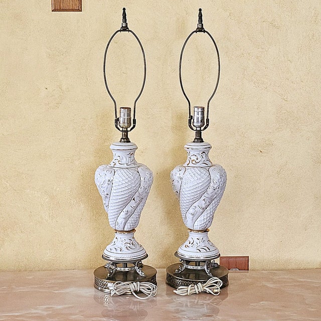 Mid 20th Century Pair of Vintage Italian Capodimonte Table Lamps – White & Gold 30" Ornate Ceramic Lighting For Sale - Image 5 of 18