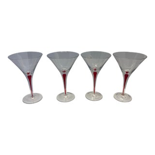 Mid 20th Century Sculptural Red Stem Martini Glasses, Murano Style Art Glass Cocktail Coupes - Set of 4 For Sale