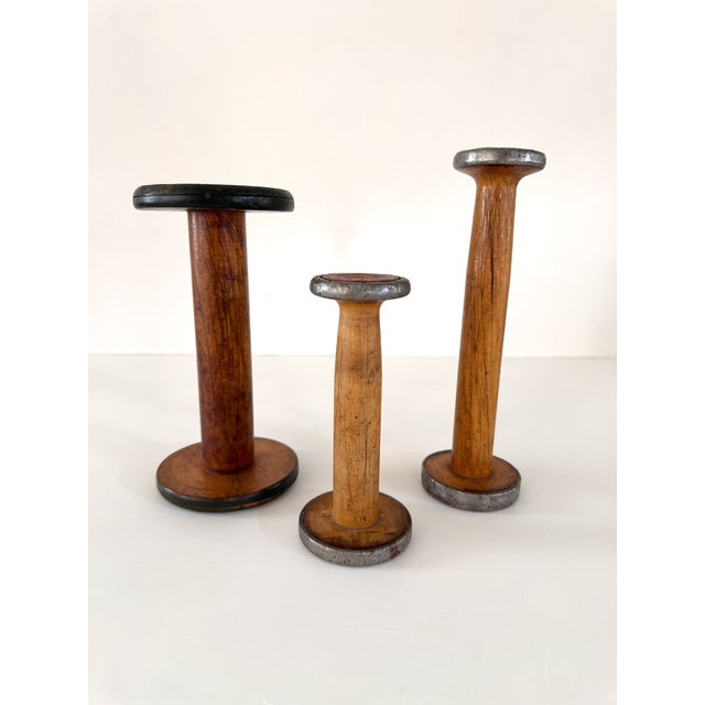 Rustic Antique Wood Spools, Set 3 For Sale - Image 3 of 12