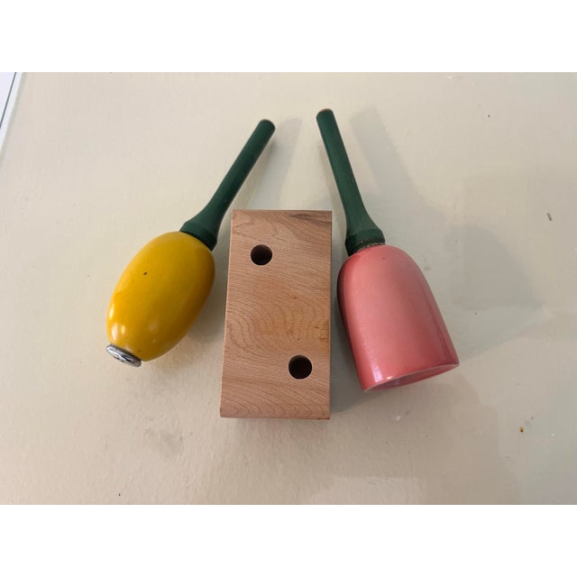 Pink Rare Danish Mid Century Handmade Carved Tulip Flower Salt & Pepper Set on Burlwood Stand For Sale - Image 8 of 11