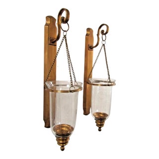 Antique Brass Hurricane Wall Candle Sconce Pair Attributed to Virginia Metalcrafters For Sale