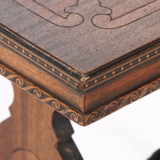 Brown 20th Century Renaissance Revival Walnut Inlay Accent Table With Trestle Base For Sale - Image 8 of 9