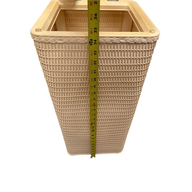 Textile Vintage Lamont Slim Apartment Hamper Wicker-Style Vinyl Padded Top With Hinged Lid For Sale - Image 7 of 10