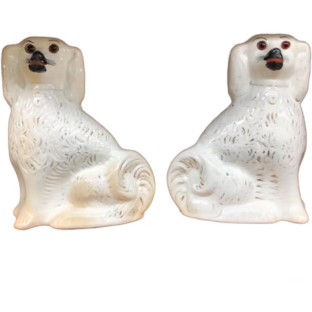 Pair of Early 20th Century White Staffordshire Porcelain Spaniel Dog Figurines With Glass Eyes For Sale - Image 10 of 10