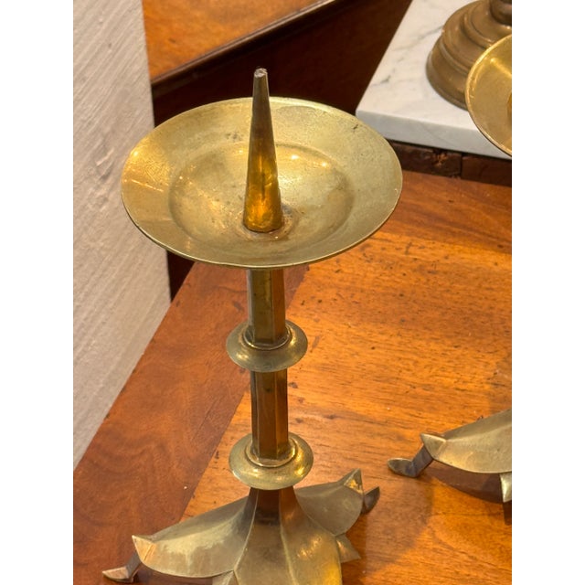 19th Century Pair of Brass Altarsticks With Petal-Shaped Tripod Bases For Sale - Image 5 of 7
