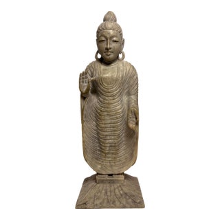 Vintage Hand Carved Marble Standing Vitarka Mudra Buddha Statue For Sale