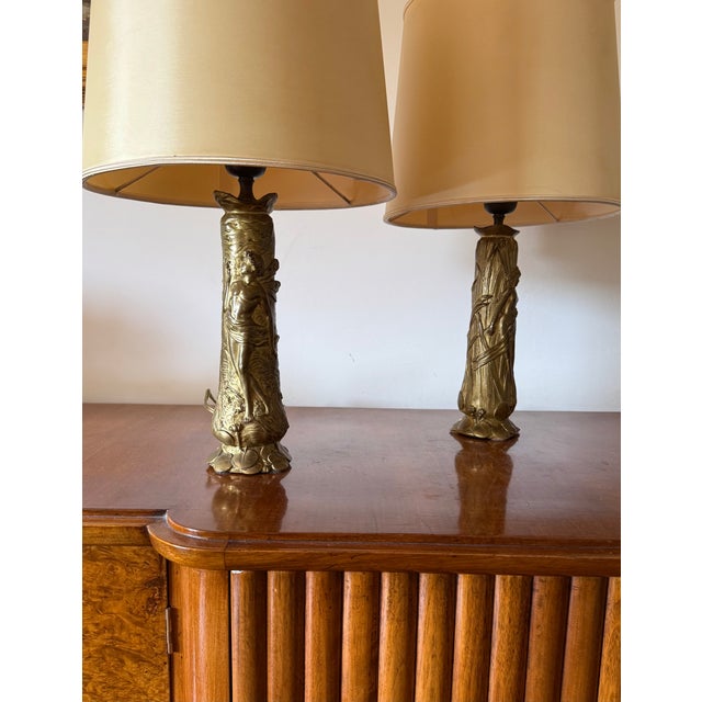 Metal 1900s Art Nouveau Bronze Table Lamps - a Pair For Sale - Image 7 of 10