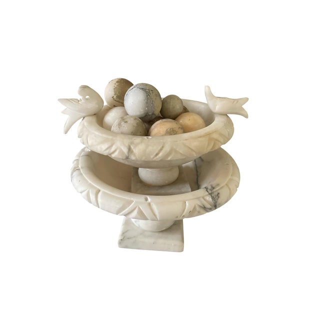 Antique hand carved Italian white and gray veined alabaster urn with two birds perched on the sides. A great decorative...
