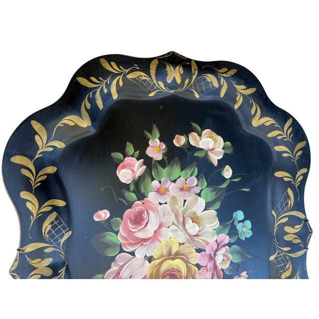 Large Vintage Mid-Century Hand Painted Floral & Black Tea Tray For Sale - Image 4 of 4