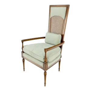 Tall Cane Back Down Filled Upholstery Seat Cushion Arm Chair