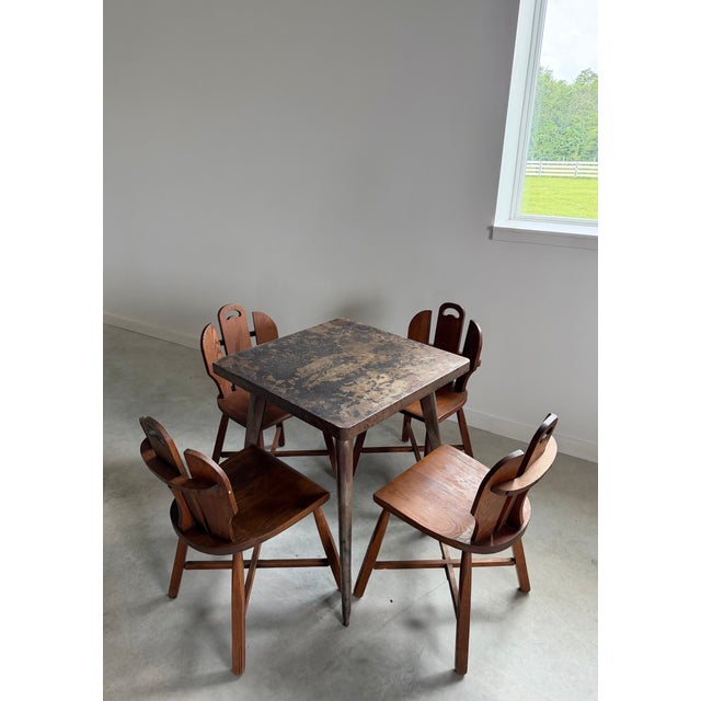 (4) Brutalist Oak Chairs Chalet-Style (After Puydt) + Steel Tolix Game Table, Set of 5 Pieces For Sale - Image 11 of 12