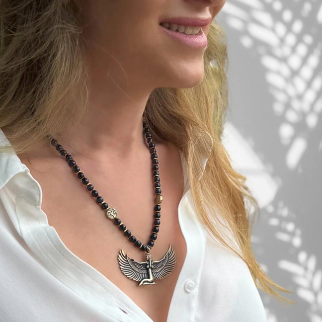 Contemporary Magical Goddess Isis Pendant Black Beaded Necklace For Sale - Image 3 of 11