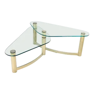 Two-Tier "L" Shape Glass and Brass Organic Kidney Shape Coffee Table