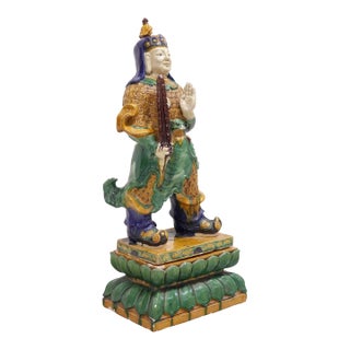 Large Old Chinese Sancai Glazed Pottery Ming Guardian Warrior Figure Statue For Sale