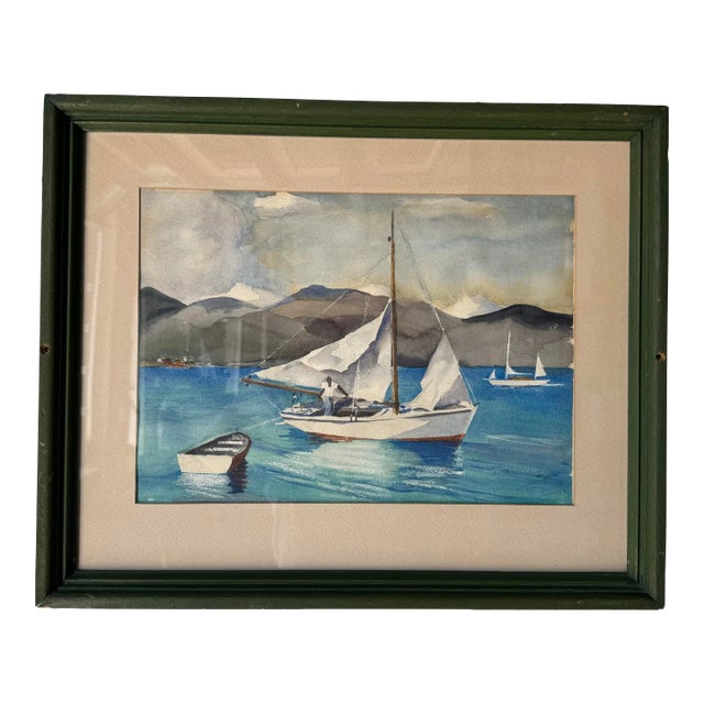 1970's Vintage Watercolor Fishing Boat Nautical Landscape Painting, Framed For Sale