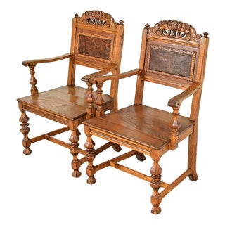 Early Romweber Antique English Jacobean Carved Oak and Burl Wood Armchairs, Pair For Sale