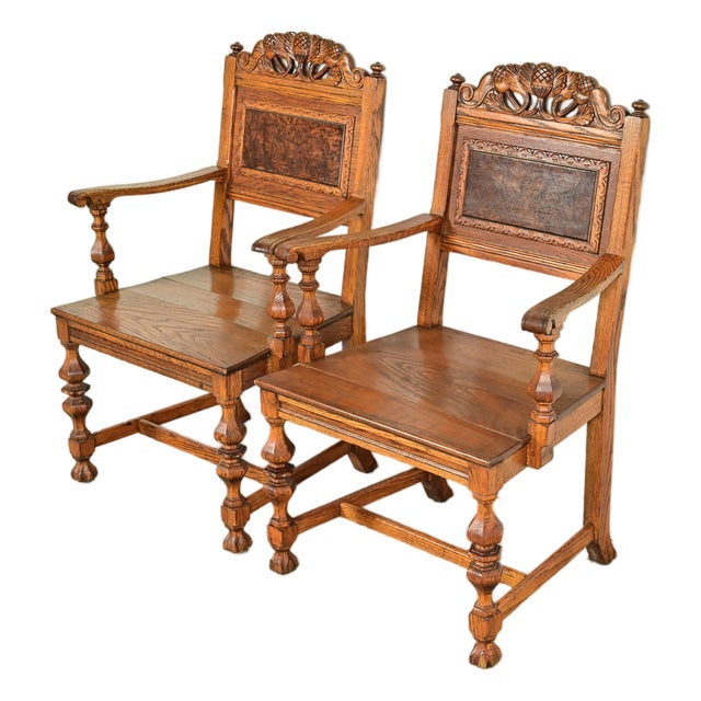 Early Romweber Antique English Jacobean Carved Oak and Burl Wood Armchairs, Pair For Sale