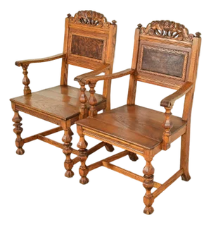 Early Romweber Antique English Jacobean Carved Oak and Burl Wood Armchairs, Pair