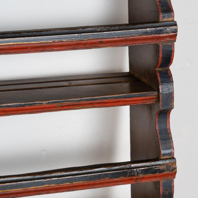 Wood 19th Century Original Blue Painted Hanging Wall Display Shelf Plate Rack For Sale - Image 7 of 11
