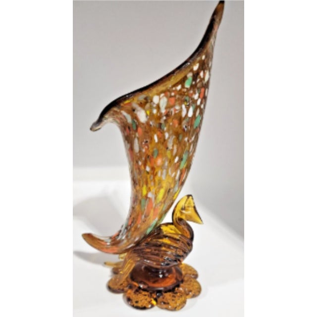 A beautiful Murano amber glass vase, with a turkey sporting an amazingly colorful cornucopia in orange and yellow accents....